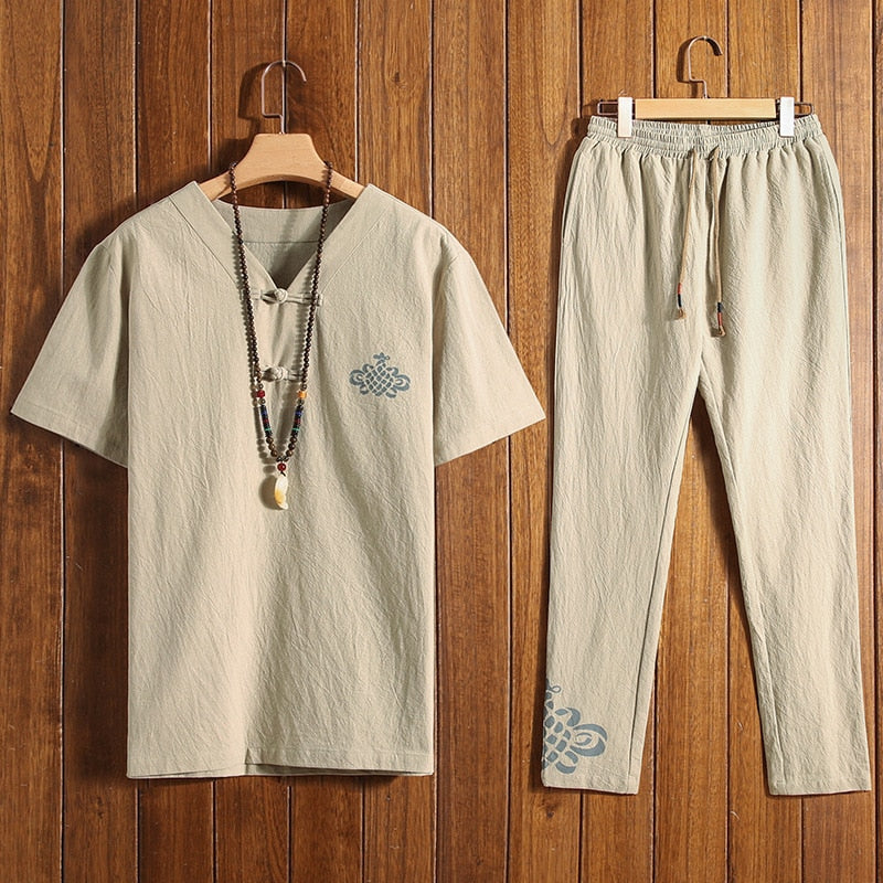 Men Sportswear Linen Loose Chinese Traditional Casual Set Sweatshirt+pant Jogger Workout Tai Chi Yoga Meditation Set Sport Suit