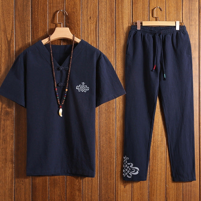 Men Sportswear Linen Loose Chinese Traditional Casual Set Sweatshirt+pant Jogger Workout Tai Chi Yoga Meditation Set Sport Suit