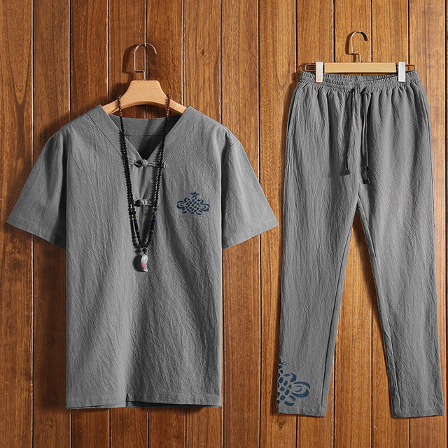 Men Sportswear Linen Loose Chinese Traditional Casual Set Sweatshirt+pant Jogger Workout Tai Chi Yoga Meditation Set Sport Suit