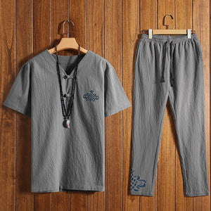 Men Sportswear Linen Loose Chinese Traditional Casual Set Sweatshirt+pant Jogger Workout Tai Chi Yoga Meditation Set Sport Suit
