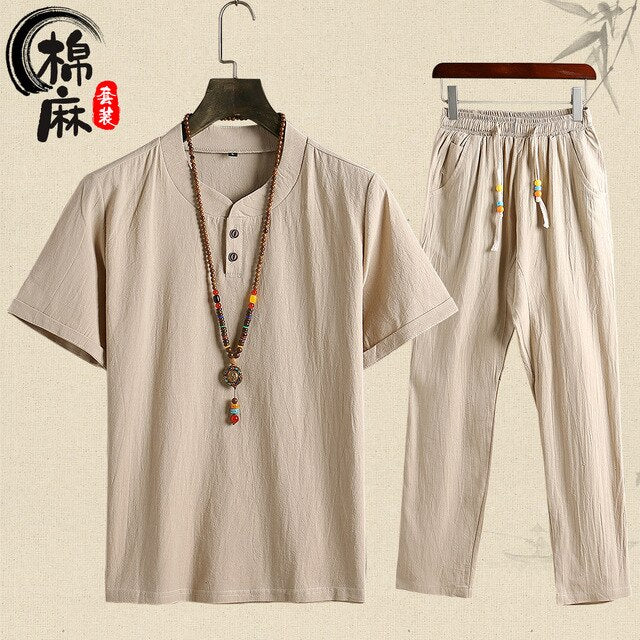 Men Sportswear Linen Loose Chinese Traditional Casual Set Sweatshirt+pant Jogger Workout Tai Chi Yoga Meditation Set Sport Suit